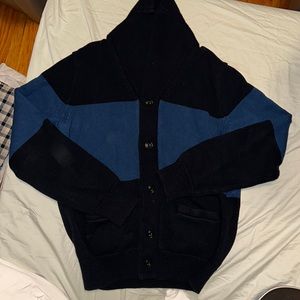 J Crew Mens M Medium Cardigan Shawl Blue Color Block Cotton Pockets Sweater